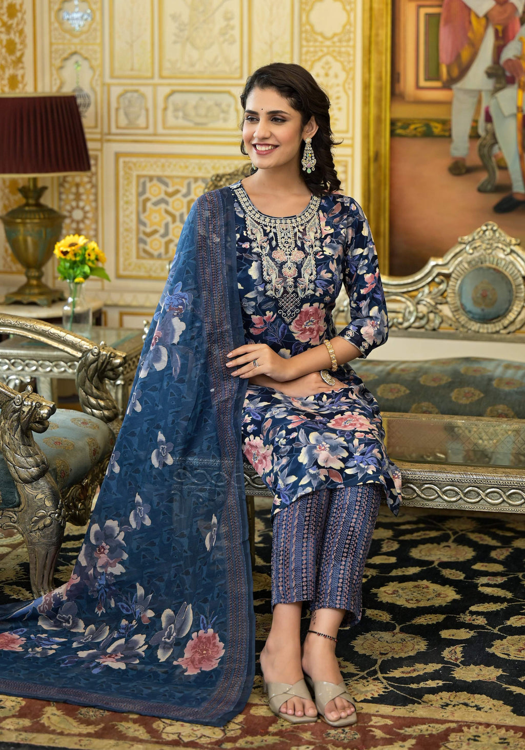 Applique Embroidered & Floral Printed Kurta With Pant & Printed Dupatta, Navy Blue - Hiral Fashion | Grocsy