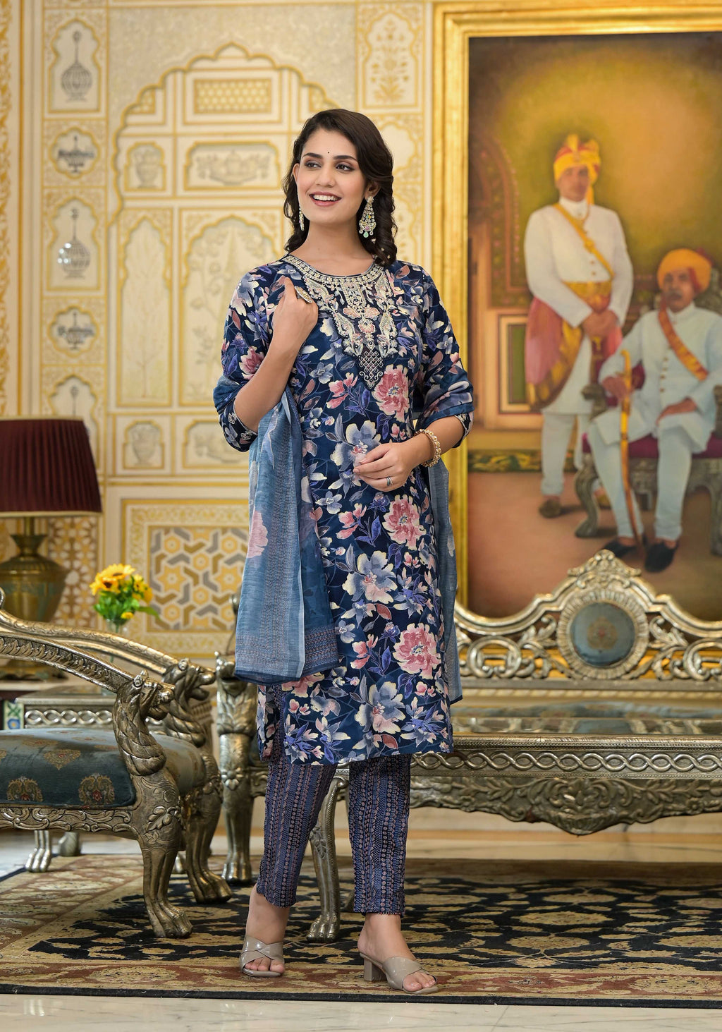 Applique Embroidered & Floral Printed Kurta With Pant & Printed Dupatta, Navy Blue - Hiral Fashion | Grocsy