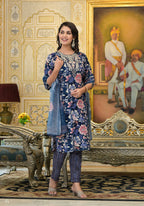 Applique Embroidered & Floral Printed Kurta With Pant & Printed Dupatta, Navy Blue - Hiral Fashion | Grocsy