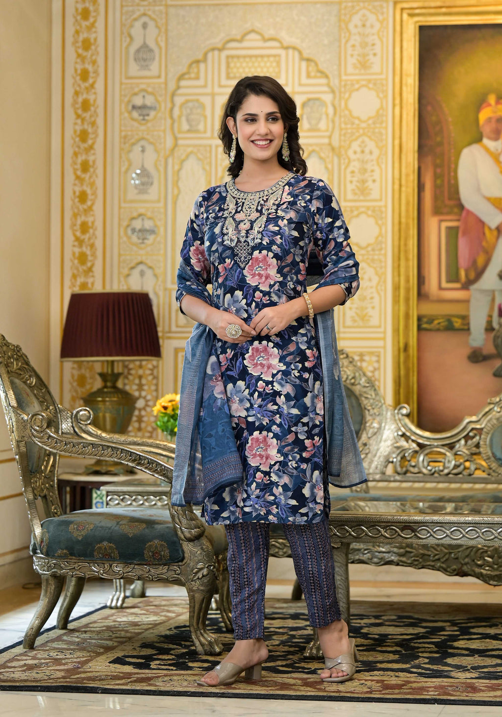 Applique Embroidered & Floral Printed Kurta With Pant & Printed Dupatta, Navy Blue - Hiral Fashion | Grocsy