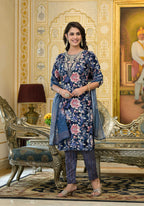 Applique Embroidered & Floral Printed Kurta With Pant & Printed Dupatta, Navy Blue - Hiral Fashion | Grocsy