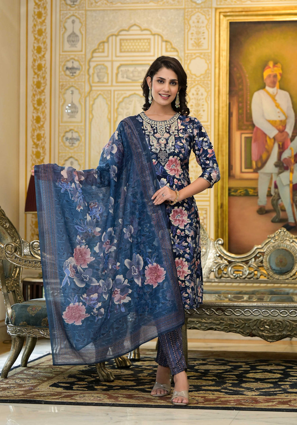 Applique Embroidered & Floral Printed Kurta With Pant & Printed Dupatta, Navy Blue - Hiral Fashion | Grocsy