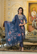 Applique Embroidered & Floral Printed Kurta With Pant & Printed Dupatta, Navy Blue - Hiral Fashion | Grocsy