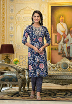 Applique Embroidered & Floral Printed Kurta With Pant & Printed Dupatta, Navy Blue - Hiral Fashion | Grocsy