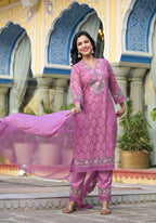 Embroidered Applique Net Kurta With Pant & Lace Dupatta, Lavender - Hiral Fashion | Grocsy