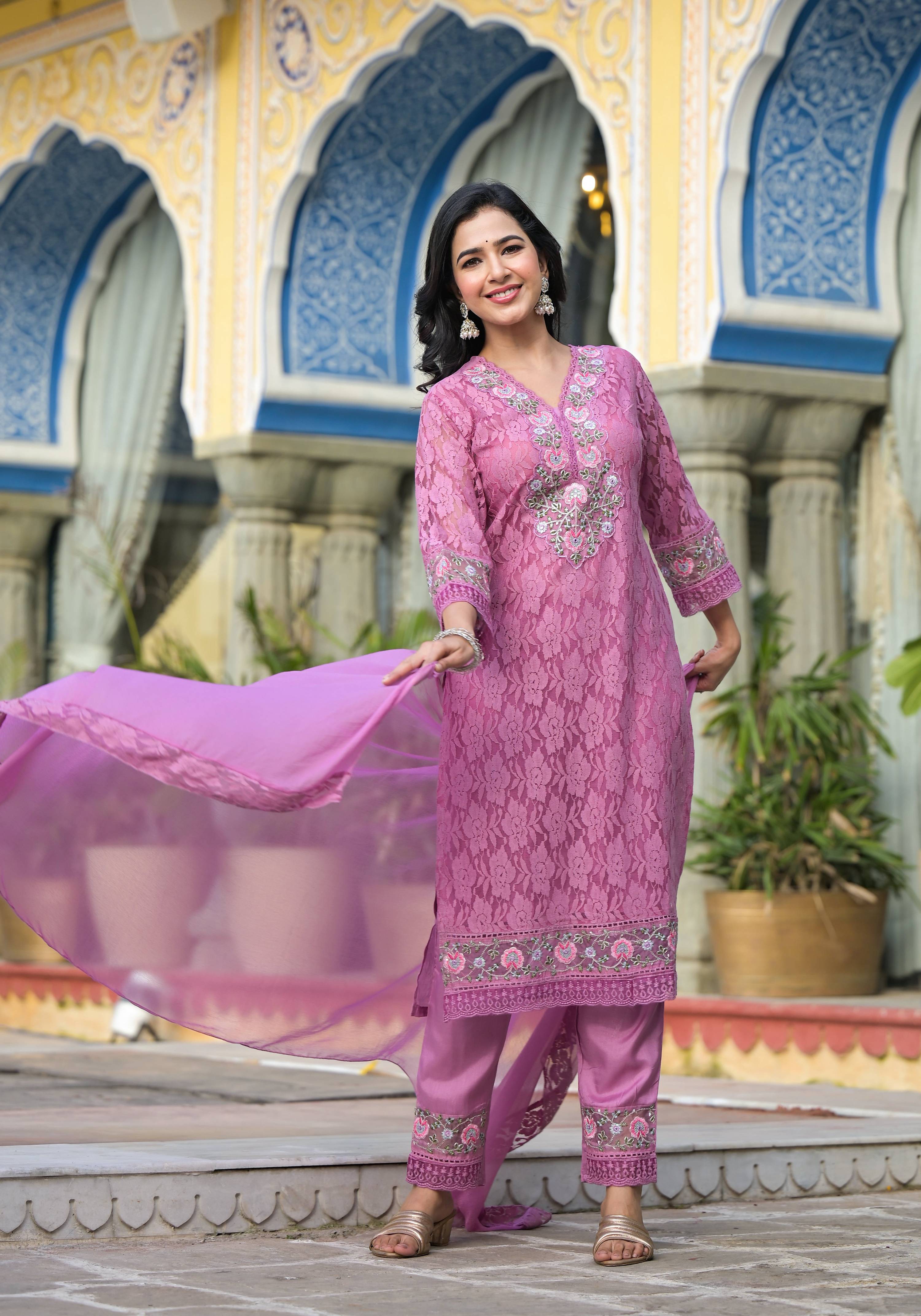 Embroidered Applique Net Kurta With Pant & Lace Dupatta, Lavender - Hiral Fashion | Grocsy