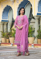 Embroidered Applique Net Kurta With Pant & Lace Dupatta, Lavender - Hiral Fashion | Grocsy