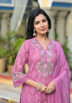 Embroidered Applique Net Kurta With Pant & Lace Dupatta, Lavender - Hiral Fashion | Grocsy