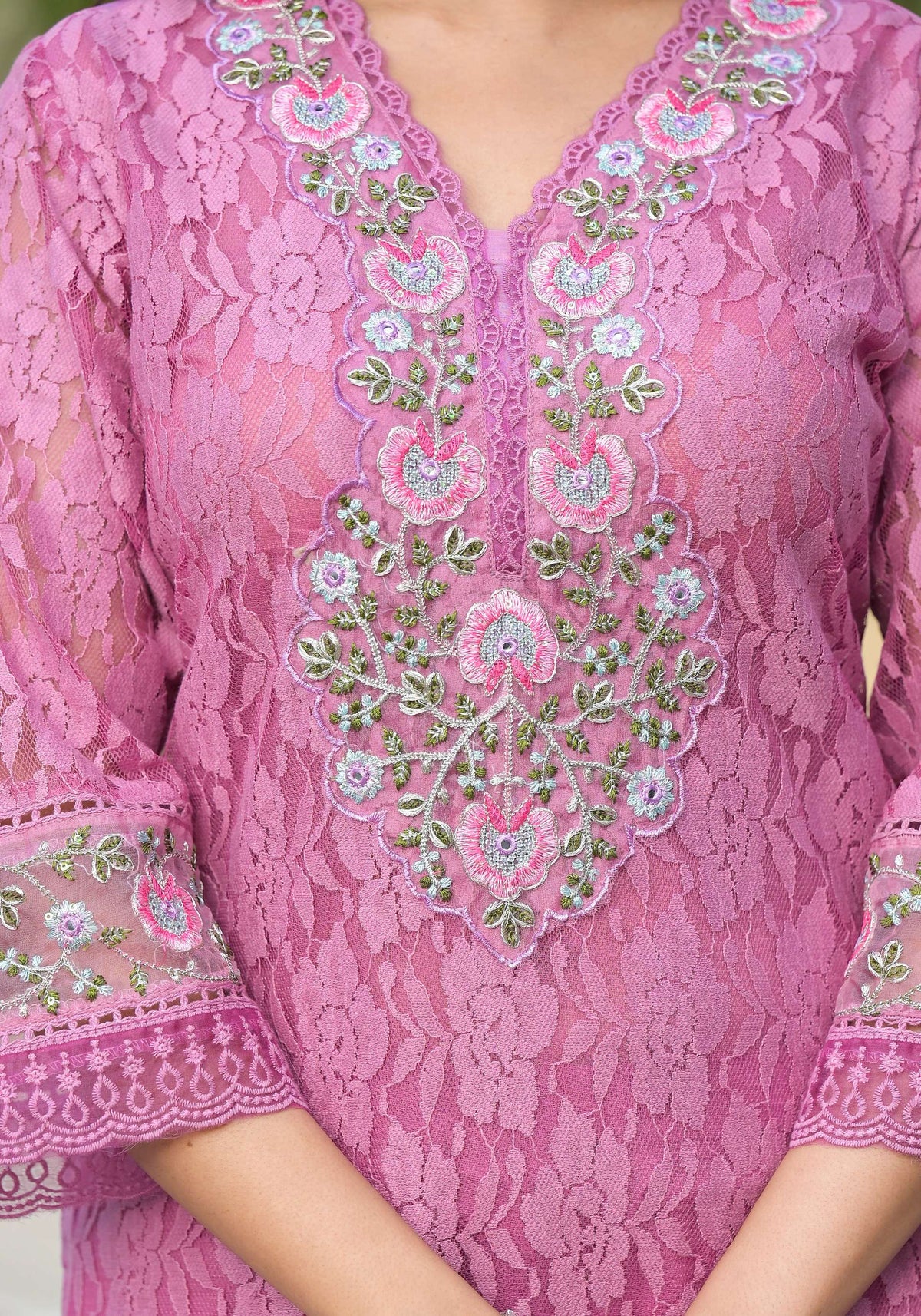 Embroidered Applique Net Kurta With Pant & Lace Dupatta, Lavender - Hiral Fashion | Grocsy