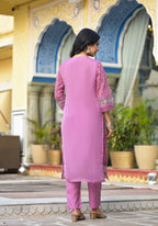 Embroidered Applique Net Kurta With Pant & Lace Dupatta, Lavender - Hiral Fashion | Grocsy