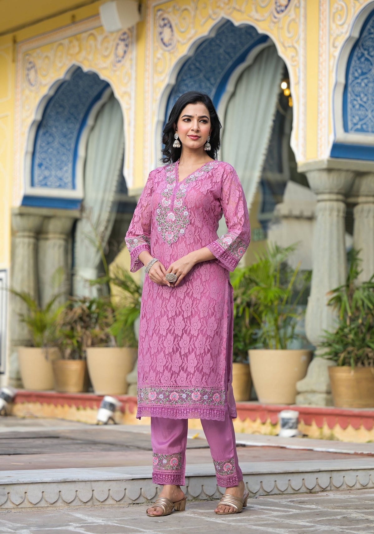 Embroidered Applique Net Kurta With Pant & Lace Dupatta, Lavender - Hiral Fashion | Grocsy