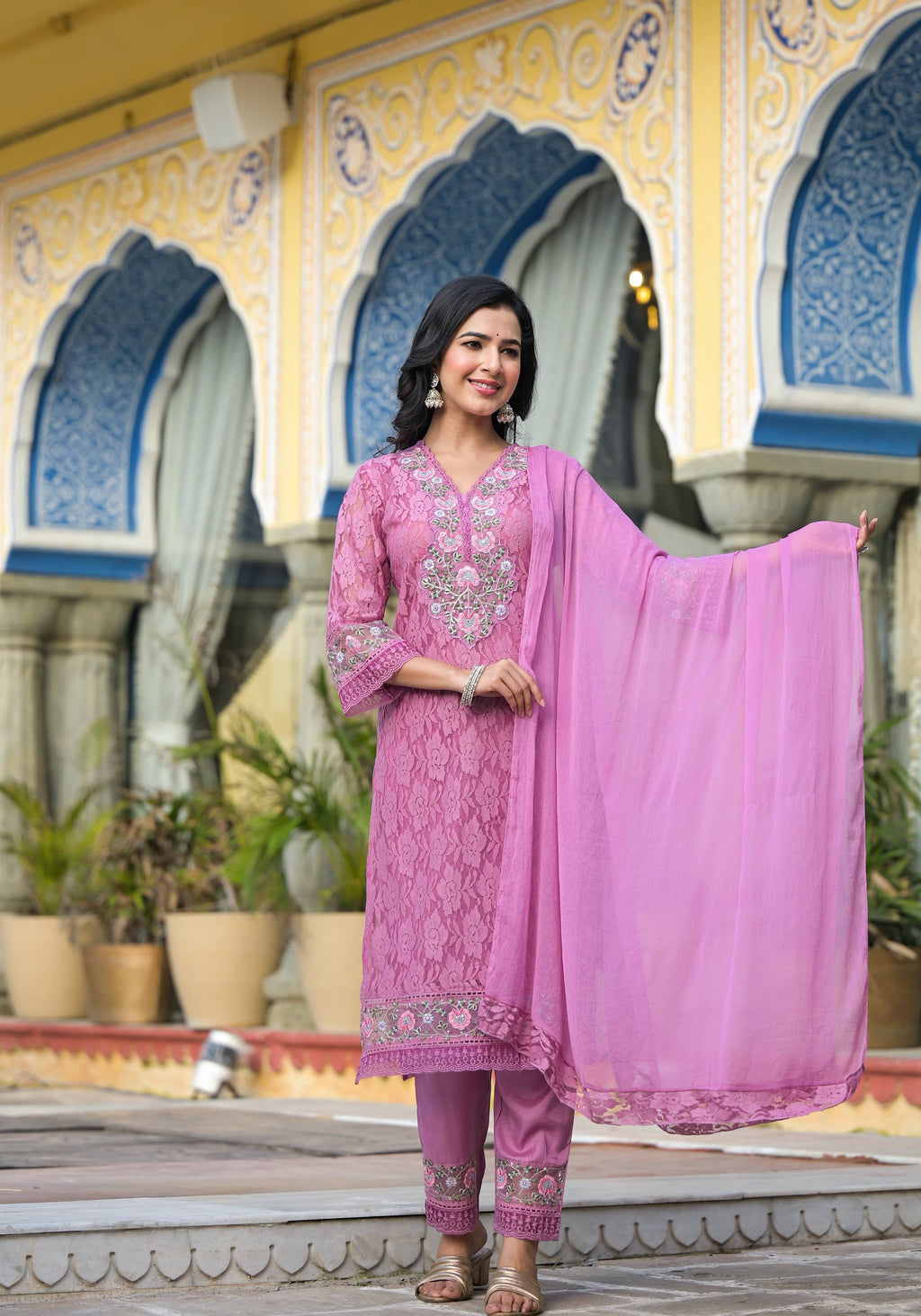 Embroidered Applique Net Kurta With Pant & Lace Dupatta, Lavender - Hiral Fashion | Grocsy