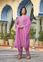 Embroidered Applique Net Kurta With Pant & Lace Dupatta, Lavender - Hiral Fashion | Grocsy