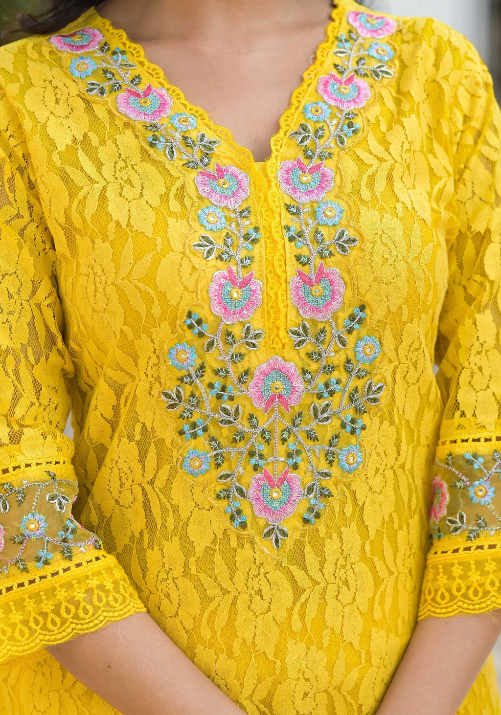 Embroidered Applique Net Kurta With Pant & Lace Dupatta, Yellow - Hiral Fashion | Grocsy
