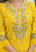 Embroidered Applique Net Kurta With Pant & Lace Dupatta, Yellow - Hiral Fashion | Grocsy