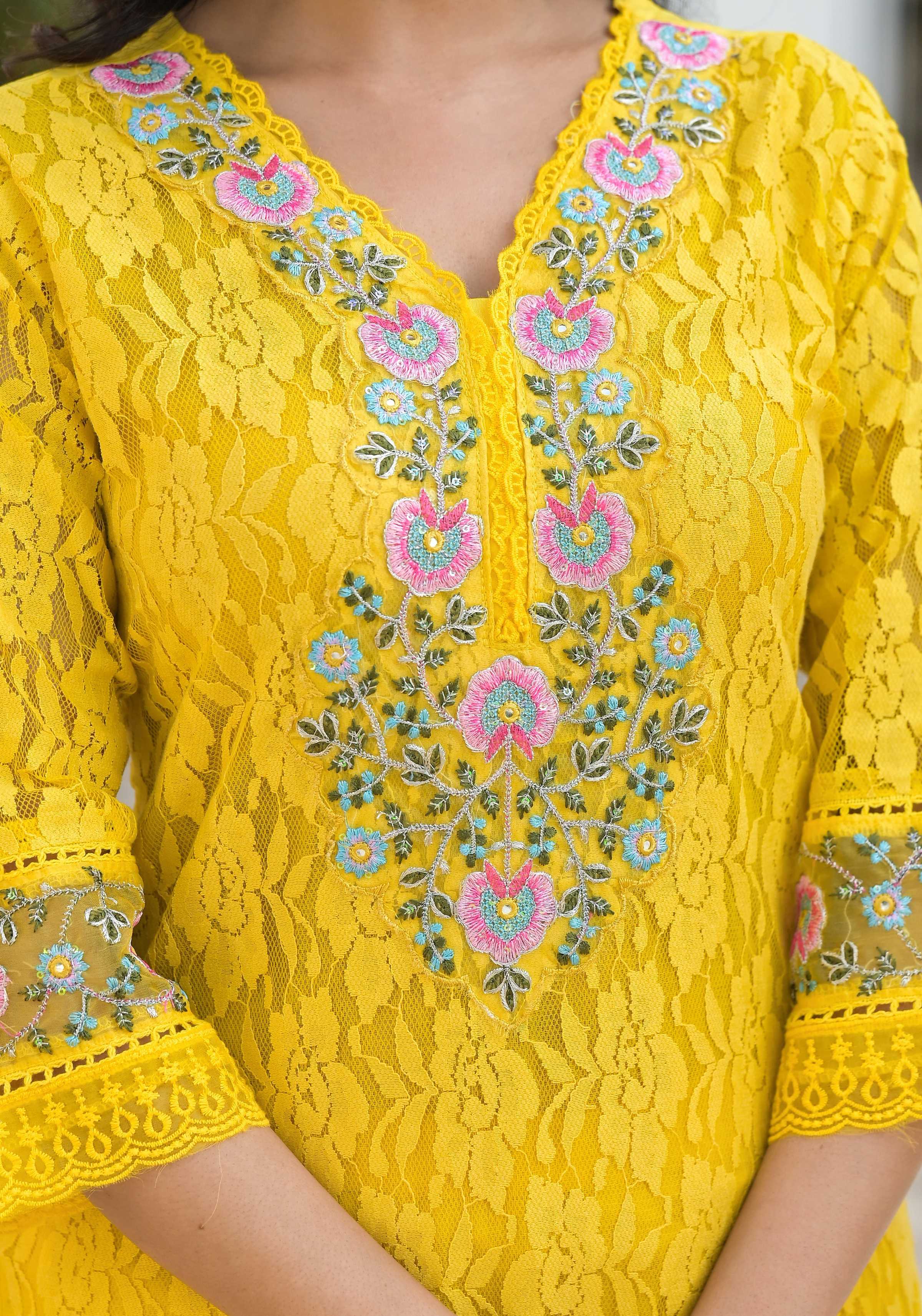 Embroidered Applique Net Kurta With Pant & Lace Dupatta, Yellow - Hiral Fashion | Grocsy