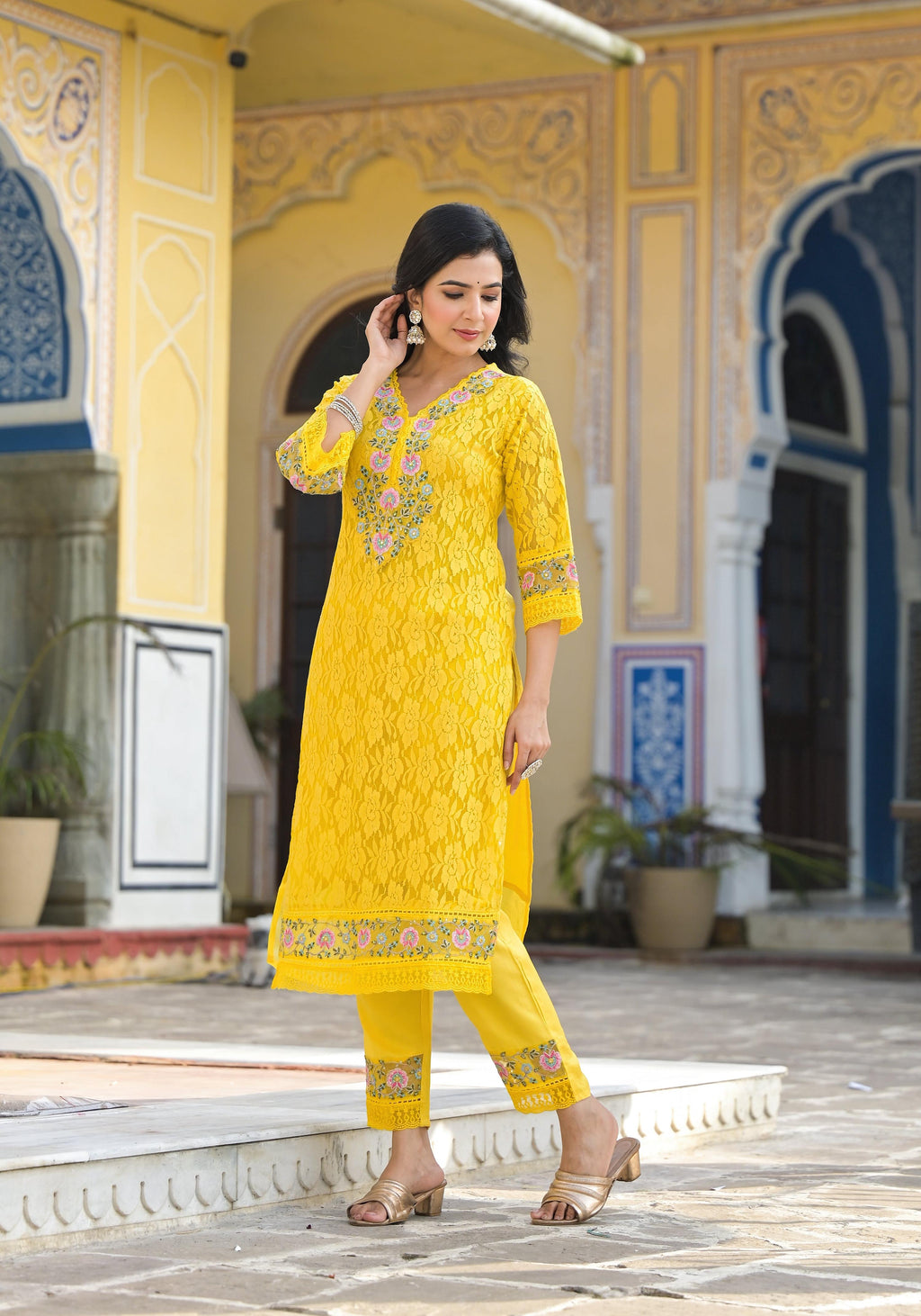 Embroidered Applique Net Kurta With Pant & Lace Dupatta, Yellow - Hiral Fashion | Grocsy