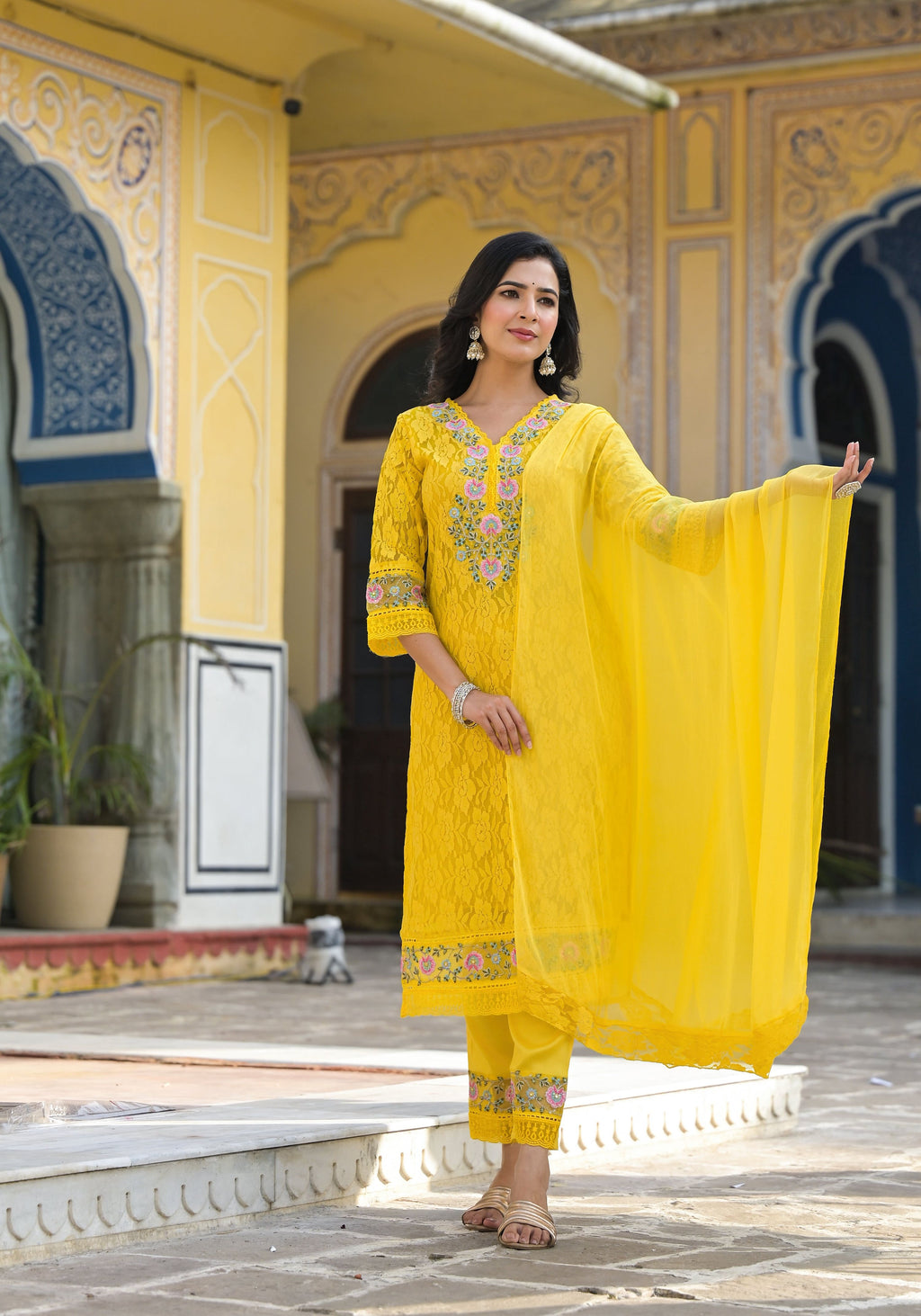 Embroidered Applique Net Kurta With Pant & Lace Dupatta, Yellow - Hiral Fashion | Grocsy