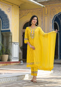 Embroidered Applique Net Kurta With Pant & Lace Dupatta, Yellow - Hiral Fashion | Grocsy