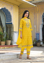Embroidered Applique Net Kurta With Pant & Lace Dupatta, Yellow - Hiral Fashion | Grocsy