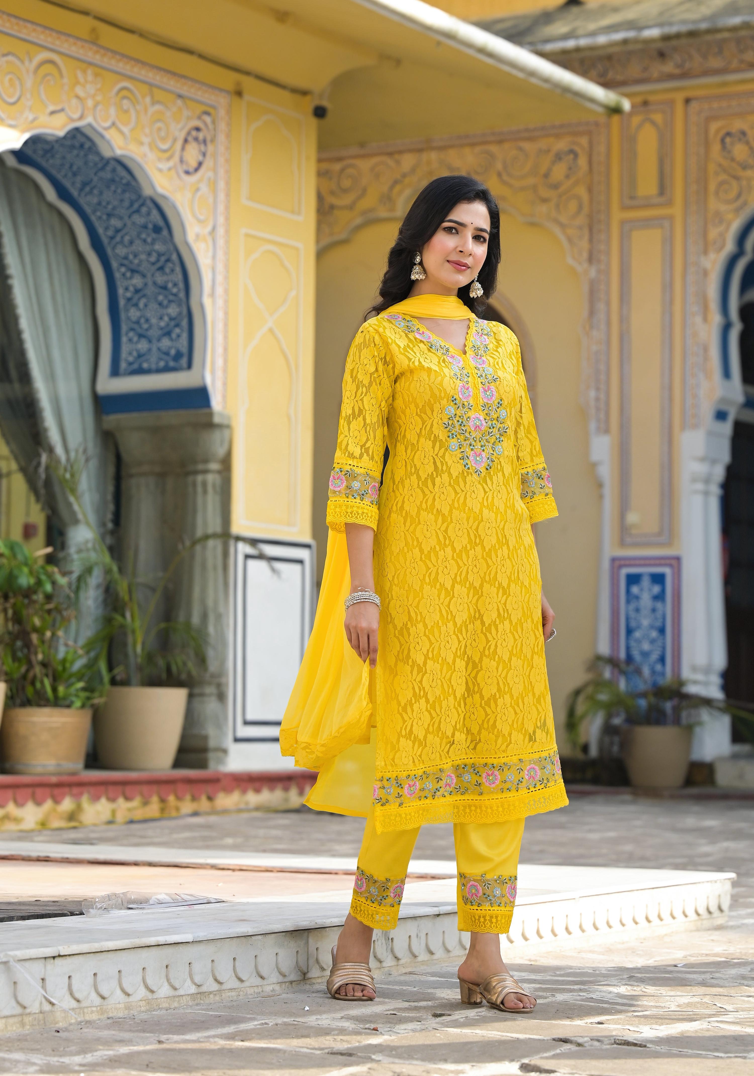 Embroidered Applique Net Kurta With Pant & Lace Dupatta, Yellow - Hiral Fashion | Grocsy