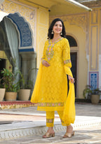 Embroidered Applique Net Kurta With Pant & Lace Dupatta, Yellow - Hiral Fashion | Grocsy