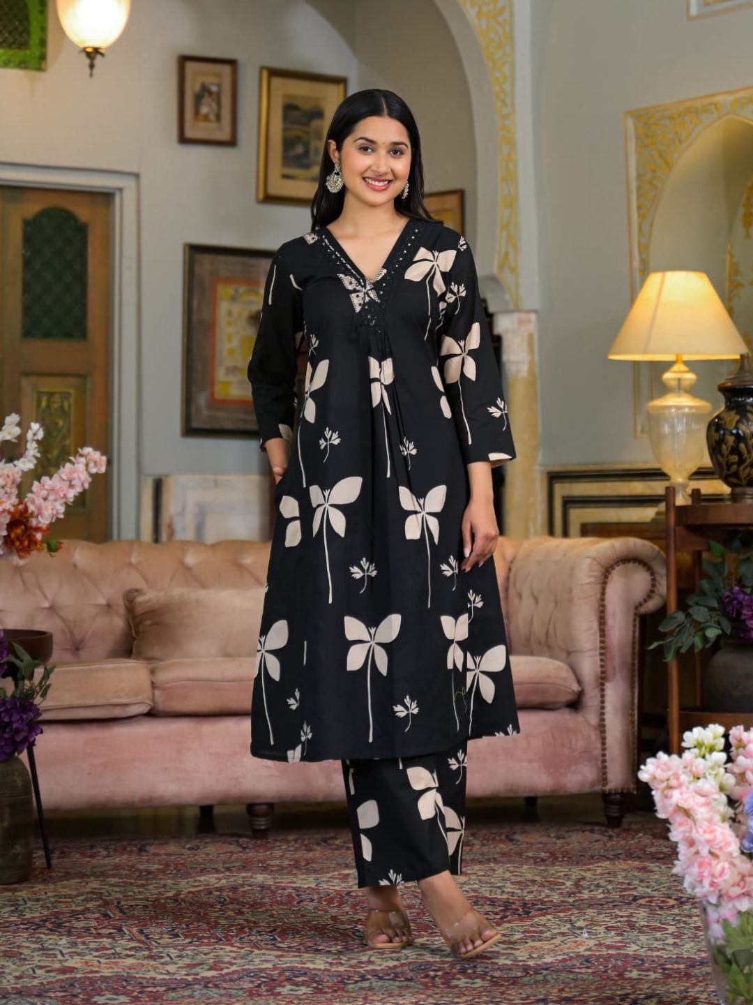 Floral Printed & Neckline Embroidered Kurta With Palazzo, Black - Hiral Fashion | Grocsy
