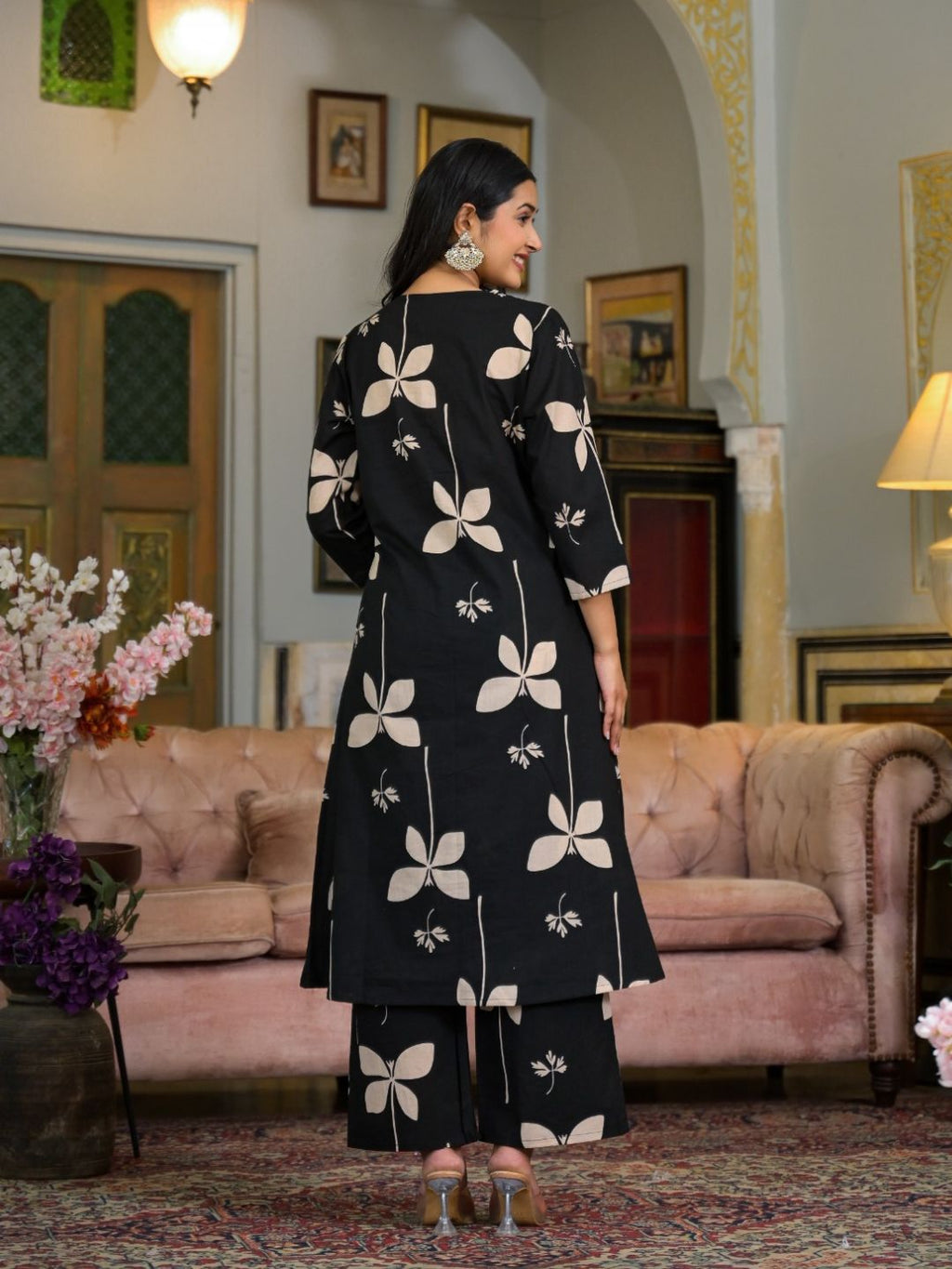 Floral Printed & Neckline Embroidered Kurta With Palazzo, Black - Hiral Fashion | Grocsy