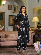 Floral Printed & Neckline Embroidered Kurta With Palazzo, Black - Hiral Fashion | Grocsy