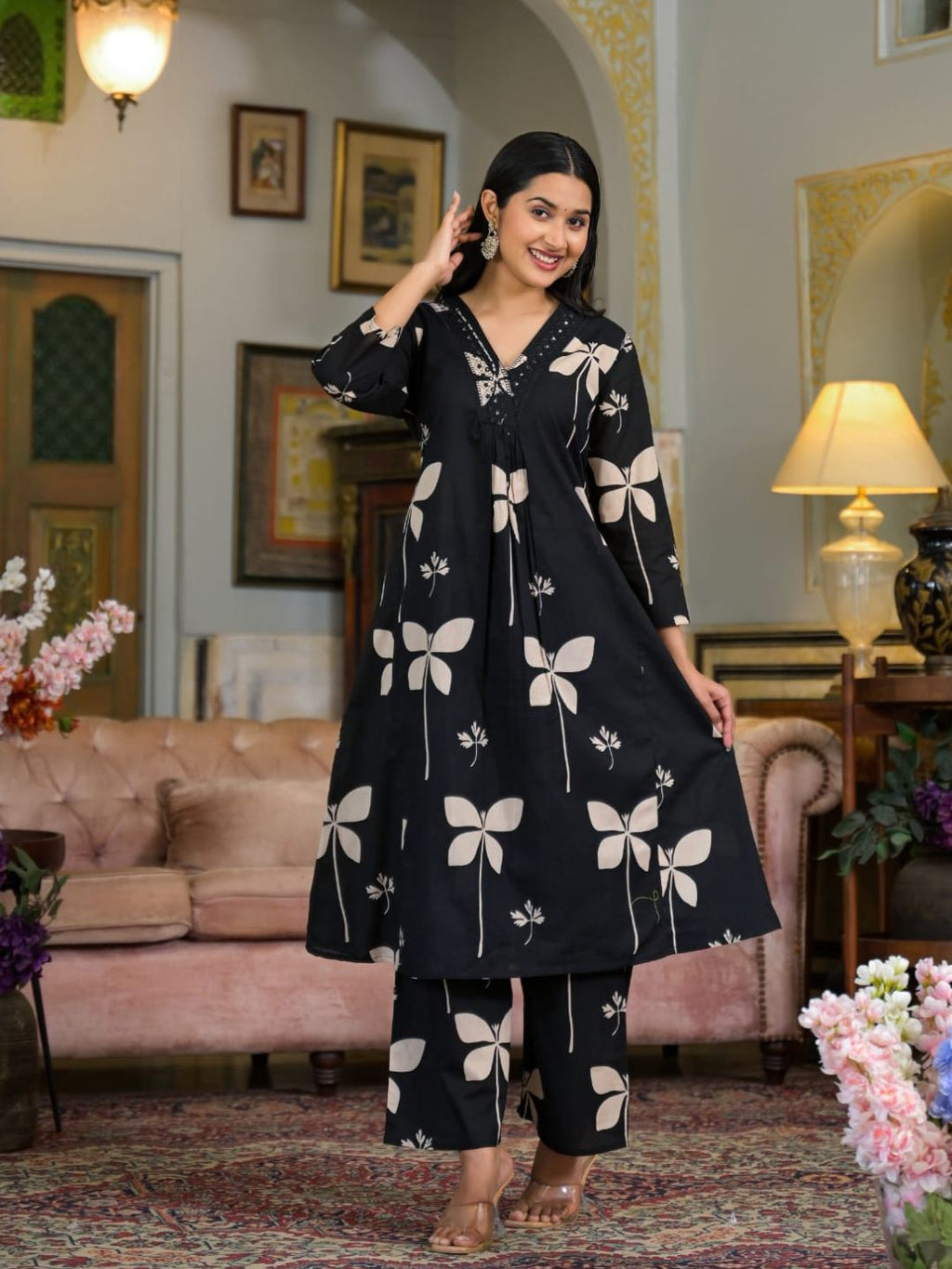 Floral Printed & Neckline Embroidered Kurta With Palazzo, Black - Hiral Fashion | Grocsy