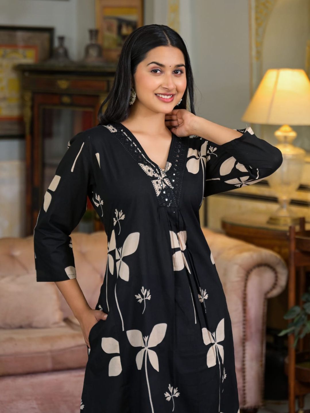 Floral Printed & Neckline Embroidered Kurta With Palazzo, Black - Hiral Fashion | Grocsy