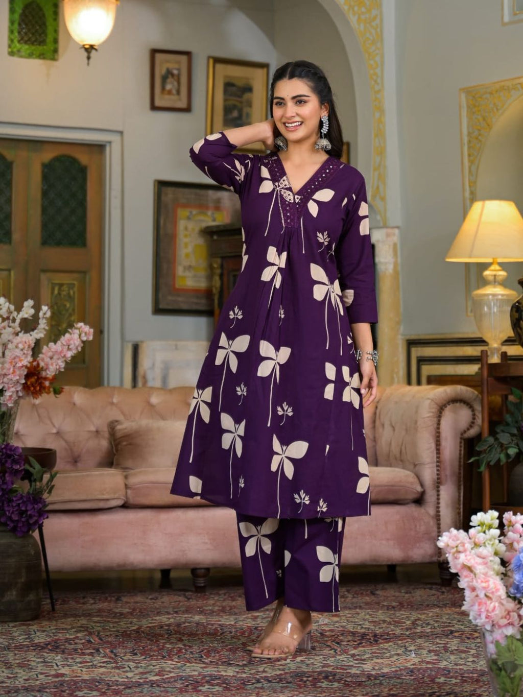 Floral Printed & Neckline Embroidered Kurta With Palazzo, Violet - Hiral Fashion | Grocsy