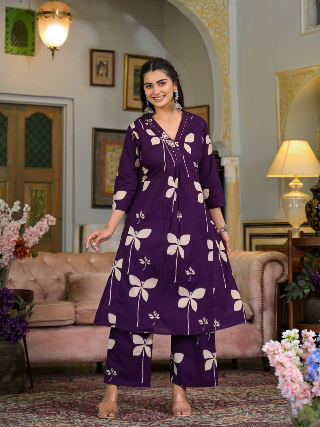 Floral Printed & Neckline Embroidered Kurta With Palazzo, Violet - Hiral Fashion | Grocsy