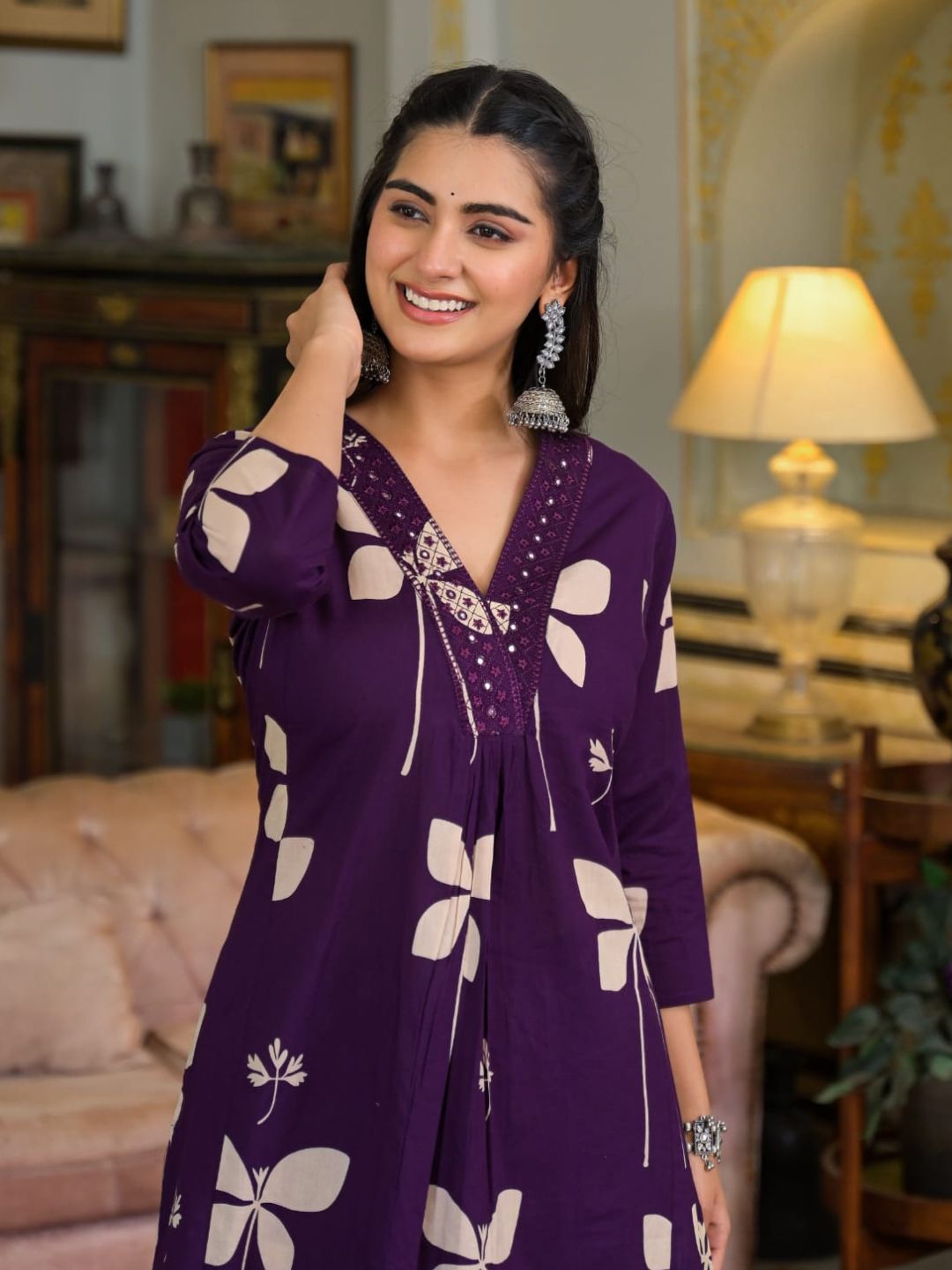 Floral Printed & Neckline Embroidered Kurta With Palazzo, Violet - Hiral Fashion | Grocsy