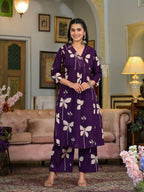 Floral Printed & Neckline Embroidered Kurta With Palazzo, Violet - Hiral Fashion | Grocsy