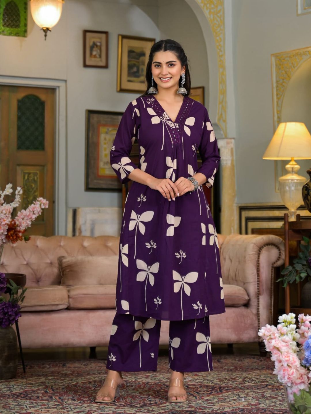 Floral Printed & Neckline Embroidered Kurta With Palazzo, Violet - Hiral Fashion | Grocsy