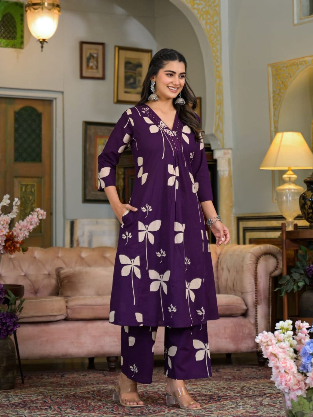 Floral Printed & Neckline Embroidered Kurta With Palazzo, Violet - Hiral Fashion | Grocsy