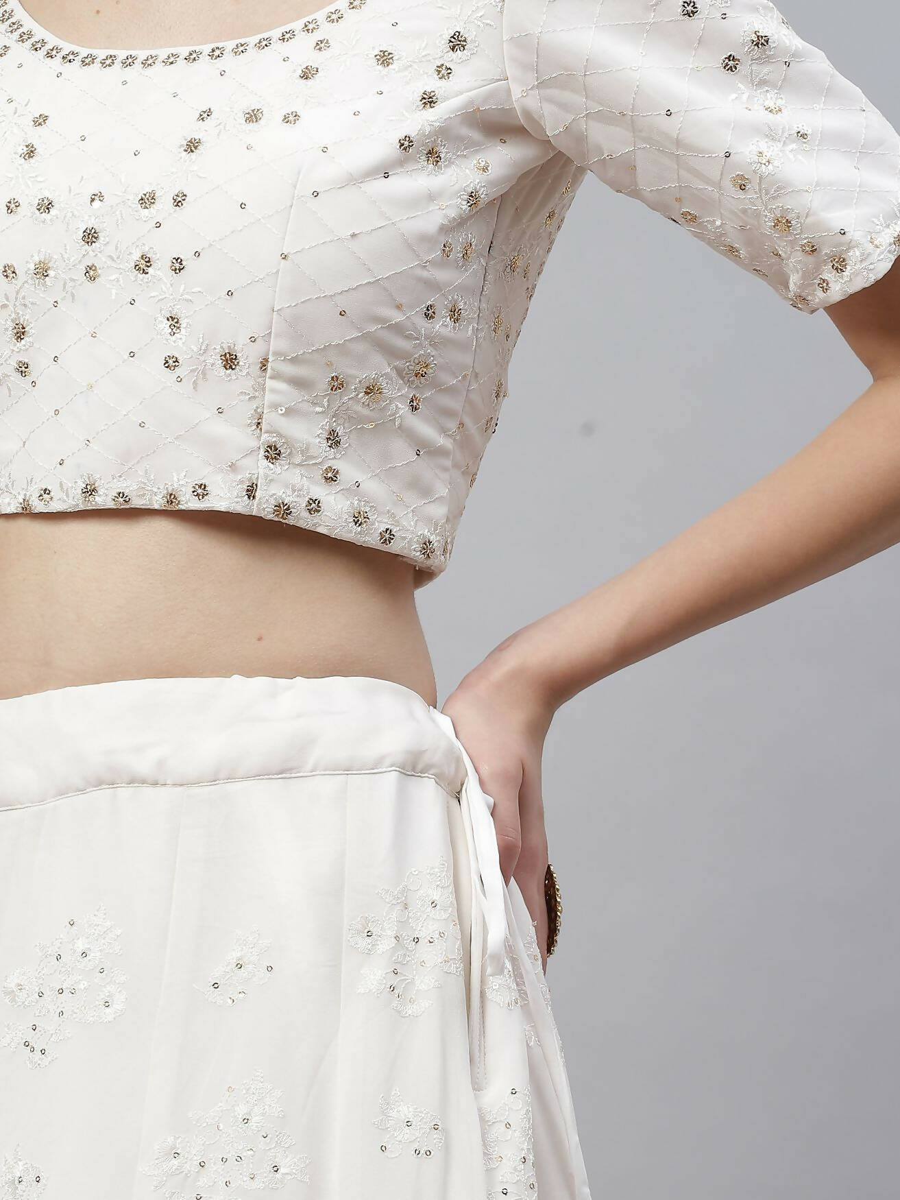 White Georgette Thread with Sequins Embroidered work Lehenga Choli with Dupatta - Jivika | Grocsy
