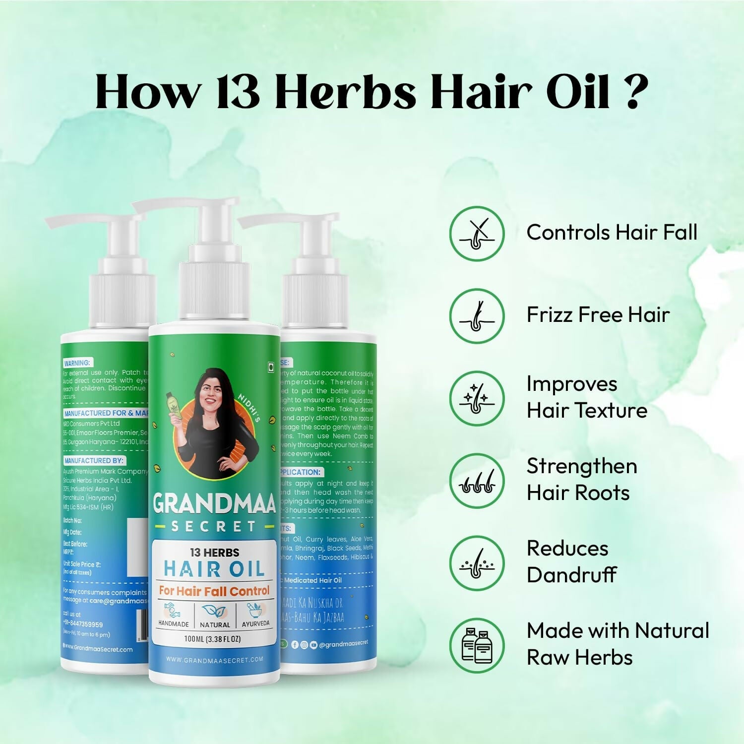 Nidhi's Grandmaa Secret 13 Herbs Hair Oil Handmade Natural Hair Oil With Coconut Oil, Curry Leaves & More Hair Fall Control Oil For Dry Damaged Hair | Grocsy