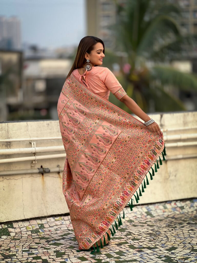 Peach Pashmina Silk Wevon Kashmiri Meenakari Designer Saree with Unstitched Blouse - Vandini | Grocsy