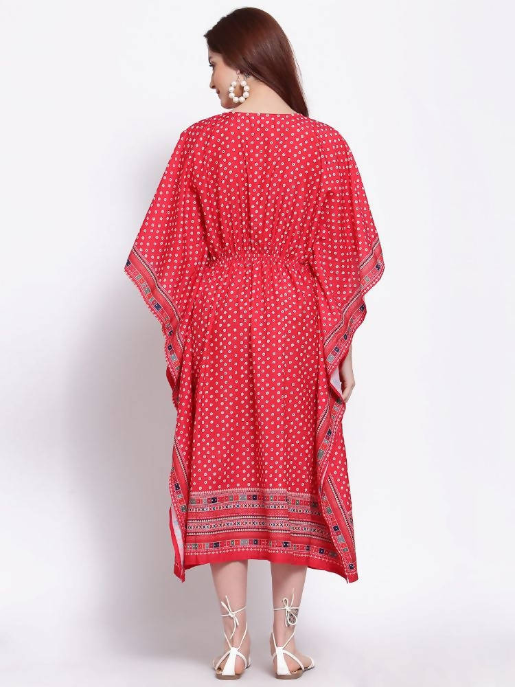 Myshka Women's Red Printed Cotton Blend 3/4 Sleeve V Neck Casual Dress | Grocsy