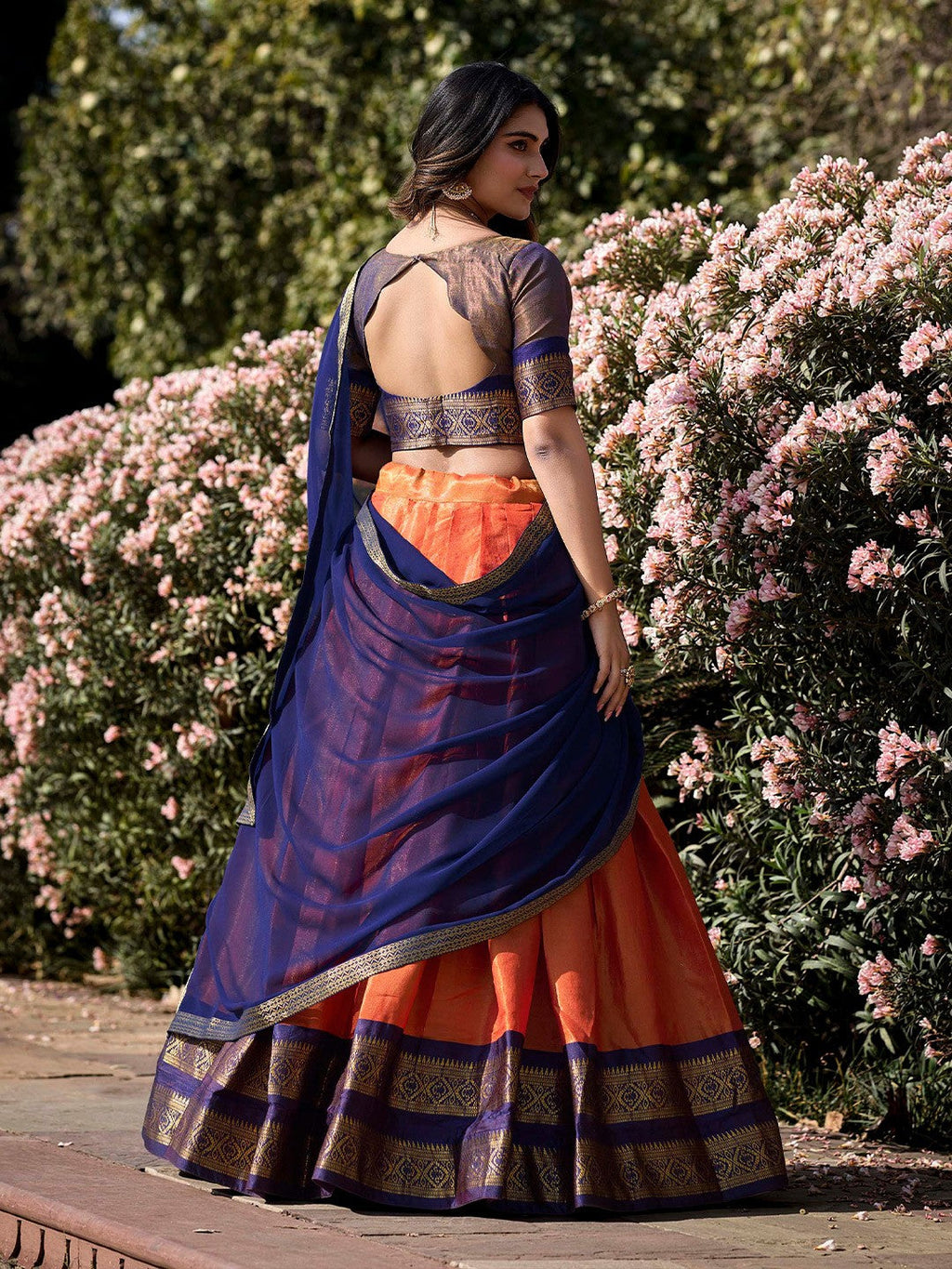 Lorenvalley Orange Kanchipuram Zari Weaving Work Lehenga Choli with Dupatta | Grocsy