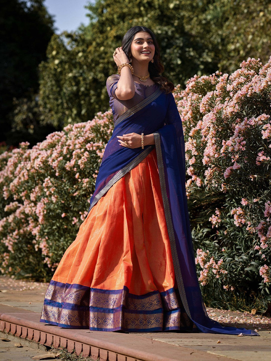 Evanik Women South-Style Kanchipuram Silk Stitched Lehenga With Unstitched Blouse & Dupatta | Grocsy