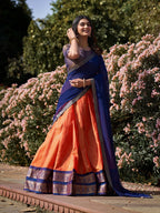 Lorenvalley Orange Kanchipuram Zari Weaving Work Lehenga Choli with Dupatta | Grocsy