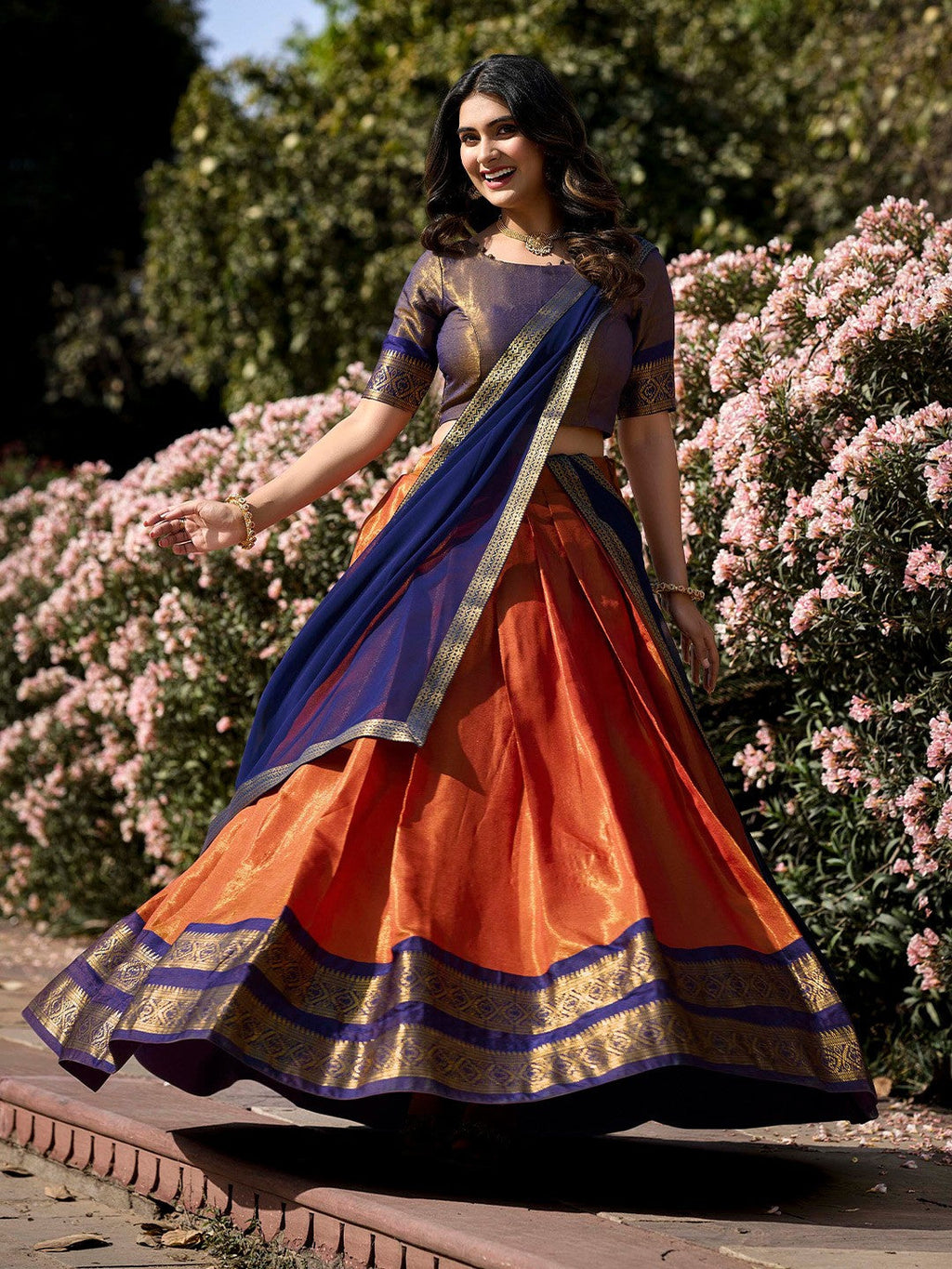 Lorenvalley Orange Kanchipuram Zari Weaving Work Lehenga Choli with Dupatta | Grocsy
