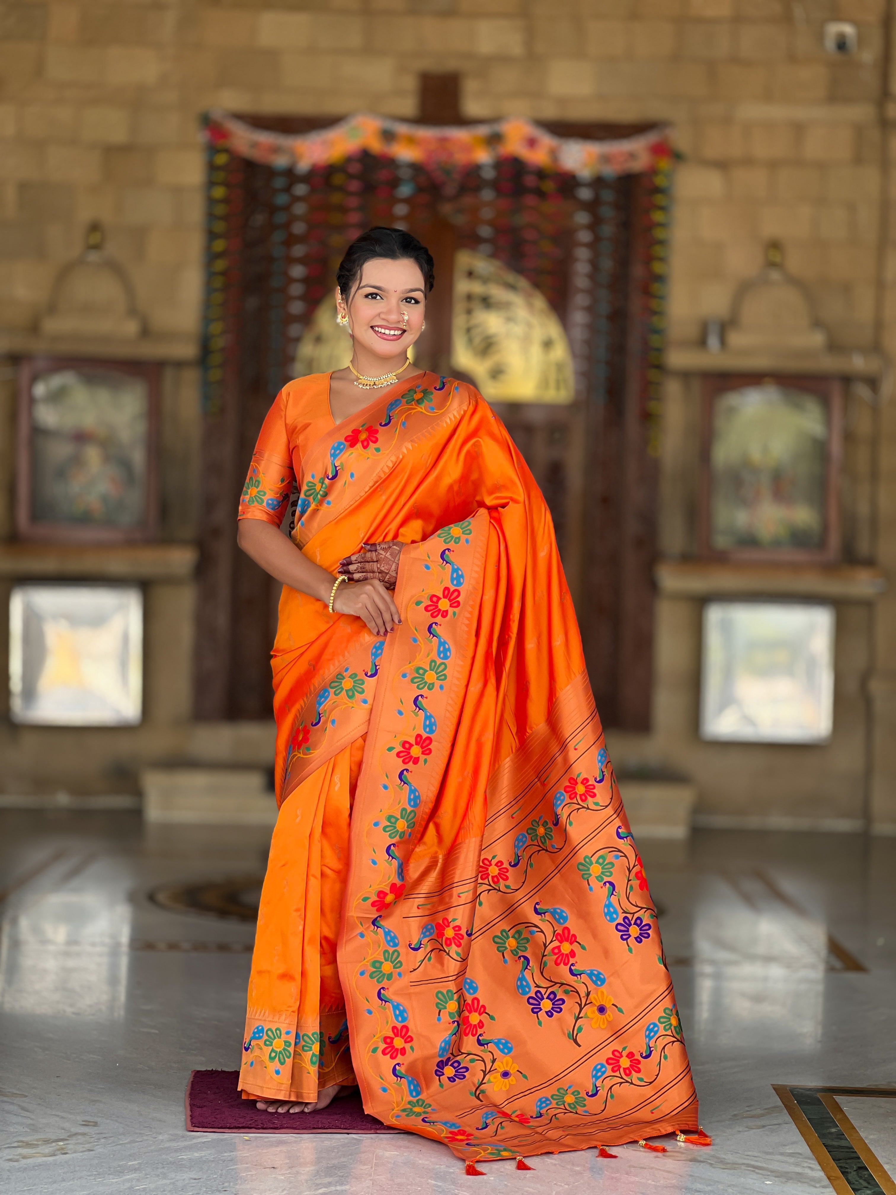 Mameraa Sarees Orange Faux Banarasi Silk Saree With Paithani Rich Weaved Pallu And Blouse-Orange | Grocsy