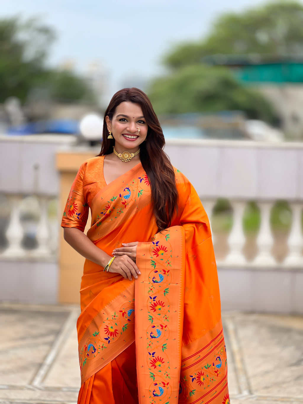 Mameraa Sarees Orange Faux Banarasi Silk Saree With Paithani Rich Weaved Pallu And Blouse-Orange | Grocsy