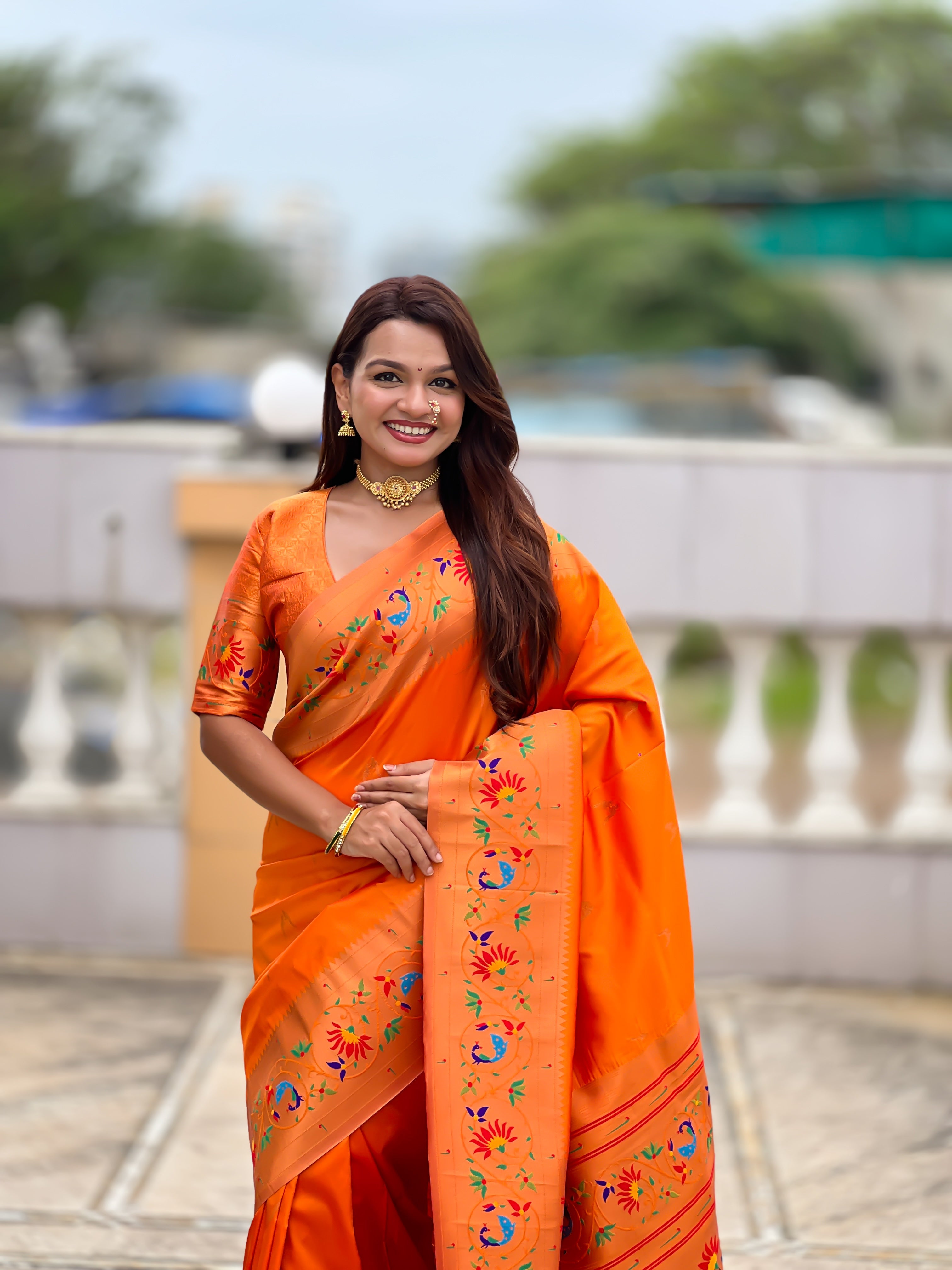 Mameraa Sarees Orange Faux Banarasi Silk Saree With Paithani Rich Weaved Pallu And Blouse-Orange | Grocsy