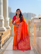Mameraa Sarees Orange Faux Banarasi Silk Saree With Paithani Rich Weaved Pallu And Blouse-Orange | Grocsy