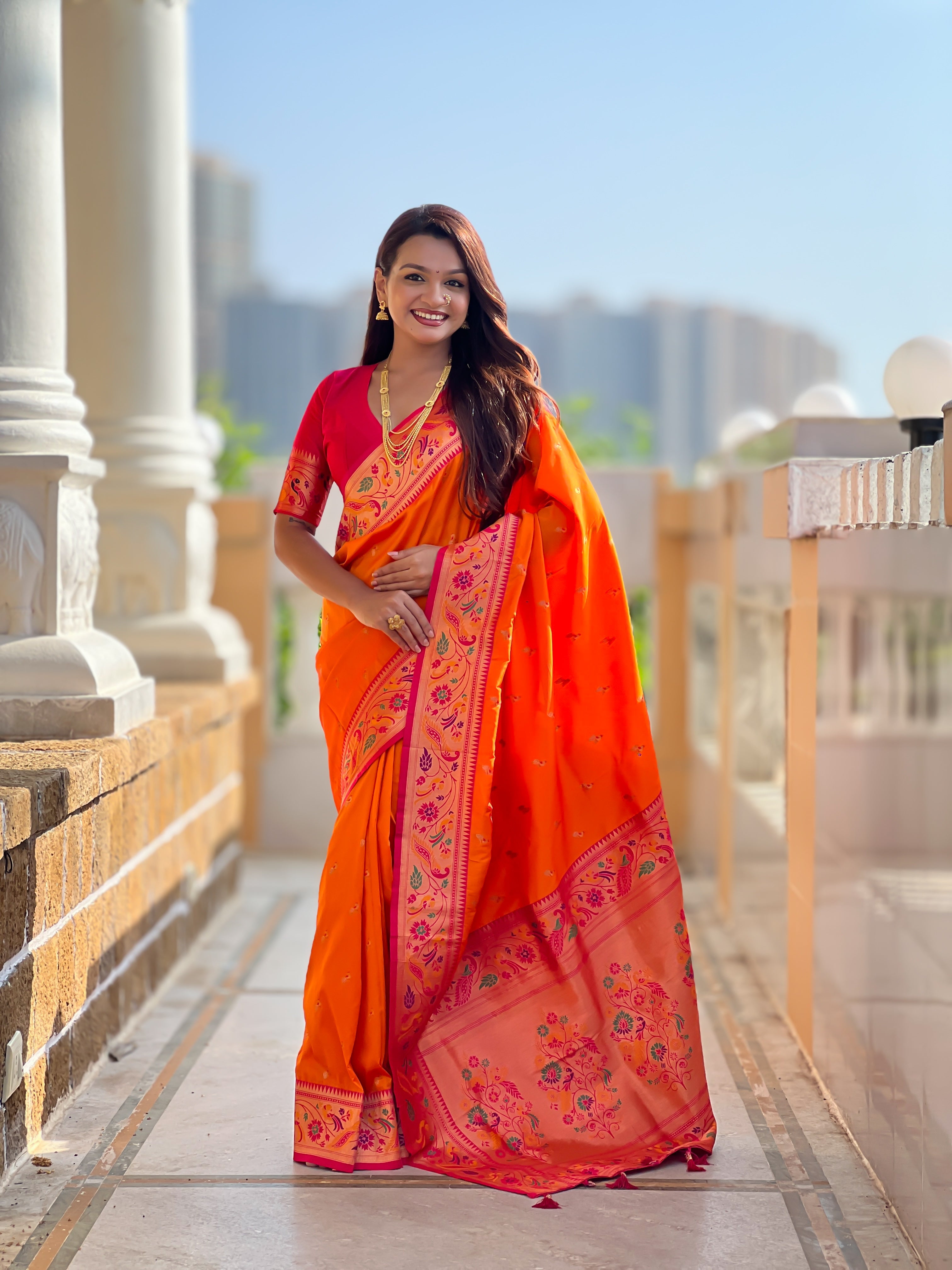 Mameraa Sarees Orange Faux Banarasi Silk Saree With Paithani Rich Weaved Pallu And Blouse-Orange | Grocsy